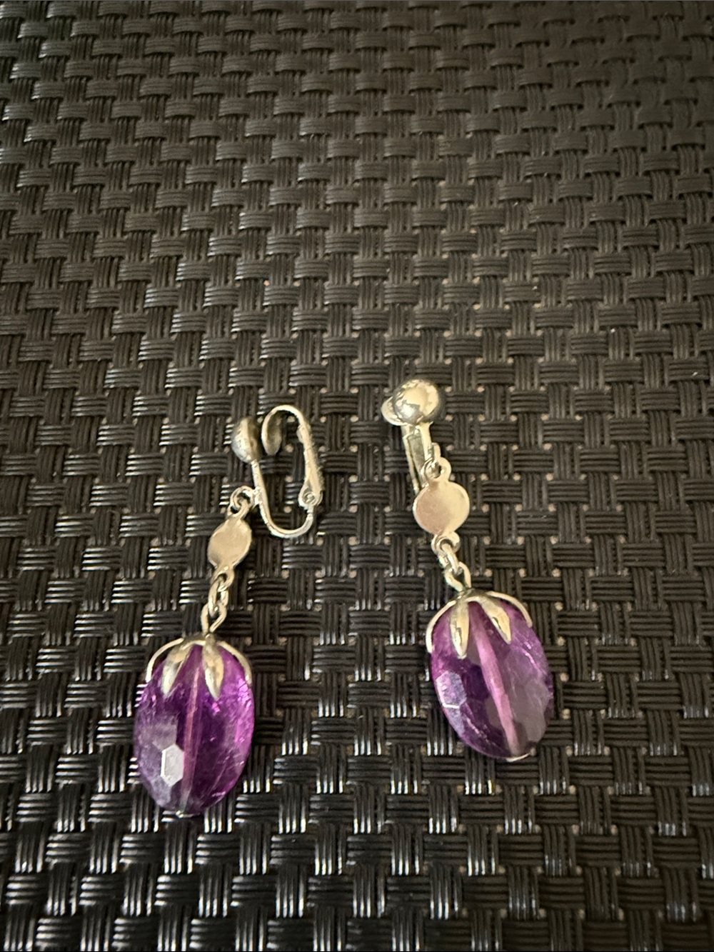 Silver Clip-On Earrings with Purple Faceted Drops